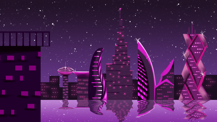 Futuristic city skyline at night with purple sky and stars