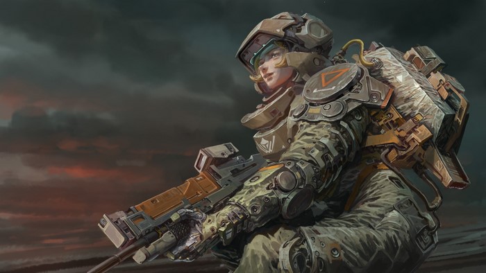 Futuristic soldier with a rifle and backpack