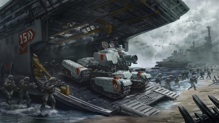 Futuristic military landing with tanks and soldiers