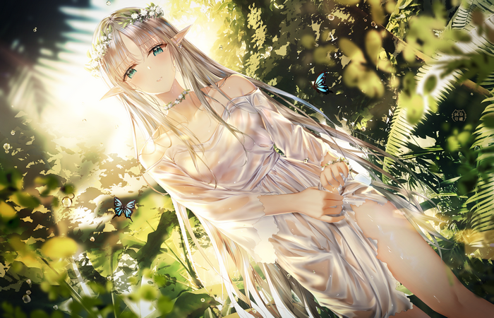 Elf girl with silver hair and green eyes in a wet dress