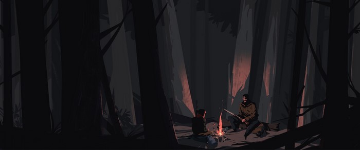 Joel and Ellie from The Last of Us by a campfire