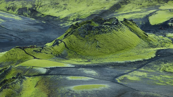 Volcanic landscape covered in green moss in Iceland
