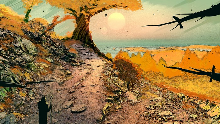 Fantasy art matte painting of a traveler on a rocky path