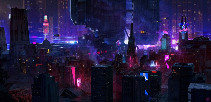 Cyberpunk cityscape with neon signs and flying cars at night
