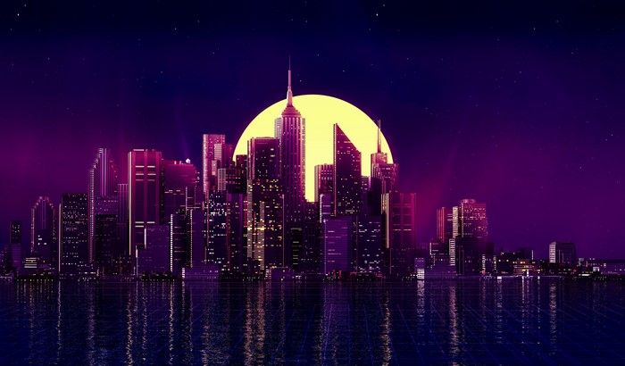 Synthwave Cyber City Skyline at Night