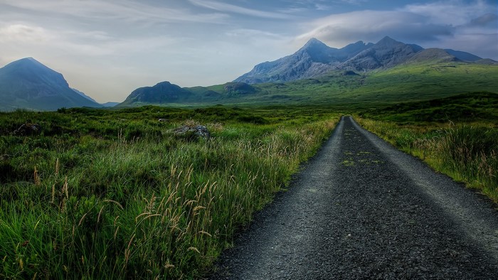 Road to Sgùrr nan Gillean mountains in Scotland