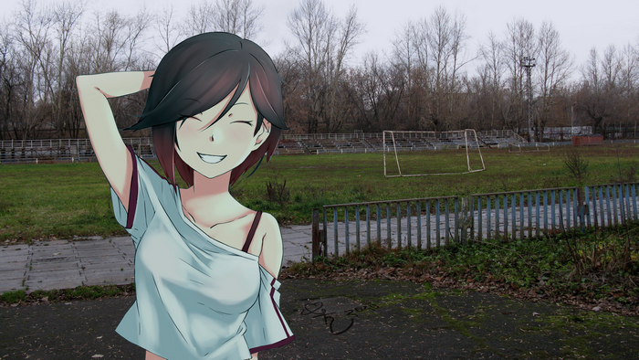 Ruby Rose from RWBY on an abandoned sports field