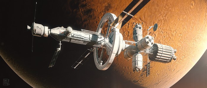 Spaceship orbiting Mars