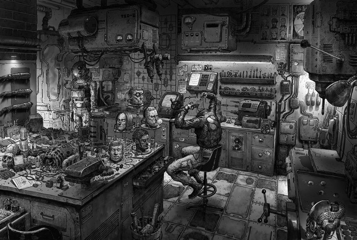 Cyberpunk workshop with a creature working on heads