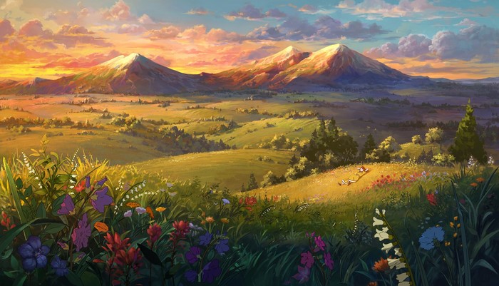 Mountains and hills at sunset with flowers