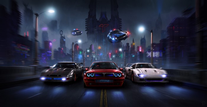 Cyberpunk City Night Drive with Flying Police Cars