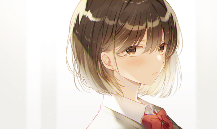 Anime girl with short brown hair and red bow