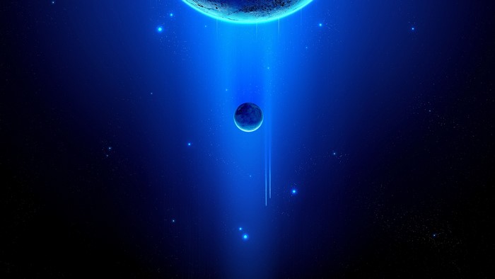 Digital art of planets and stars in deep blue space