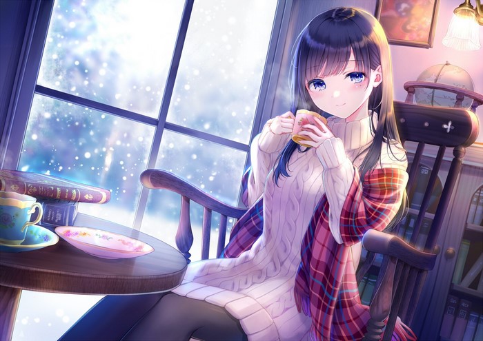 Anime girl with dark hair drinking from a mug indoors