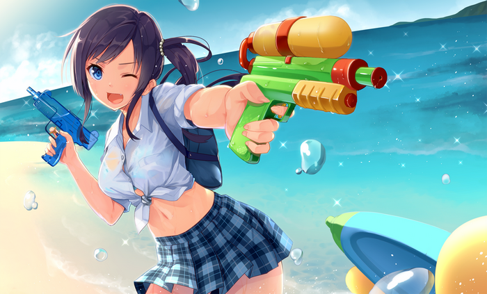 Anime girl with water guns on a beach