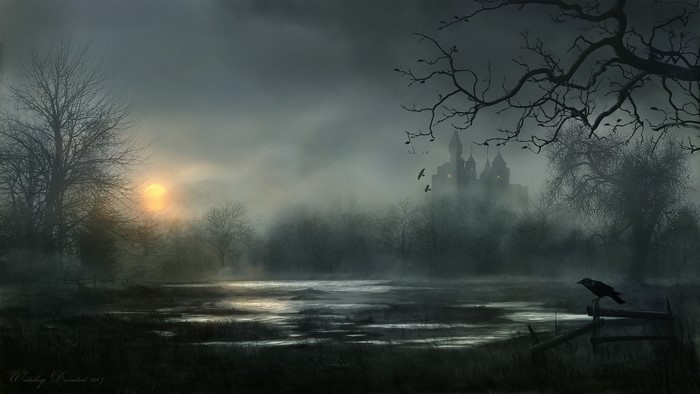 Dark castle in mist with crow and swamp