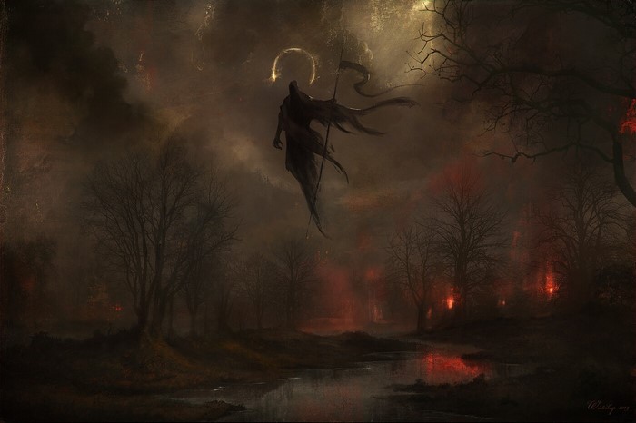 Grim Reaper with scythe in a dark, fiery forest