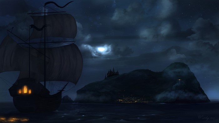 Sailing ship approaching a mysterious island at night