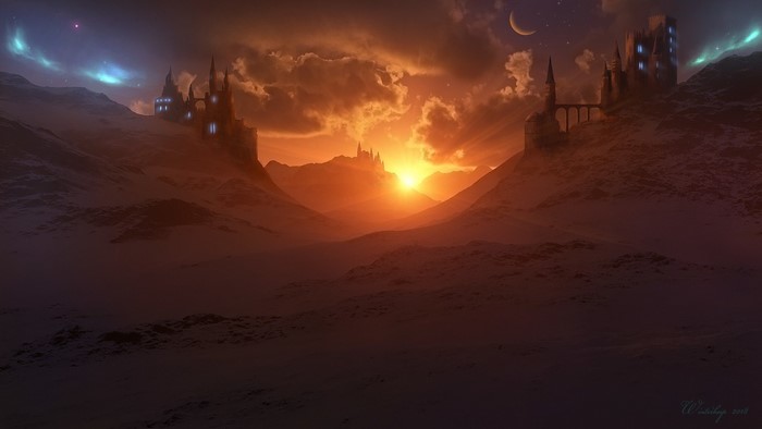 Fantasy castles at sunset with aurora and moon