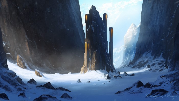 Fantasy castle in a snowy mountain landscape