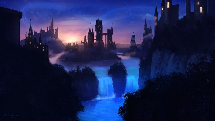 Fantasy castles on cliffs above a glowing waterfall at dusk