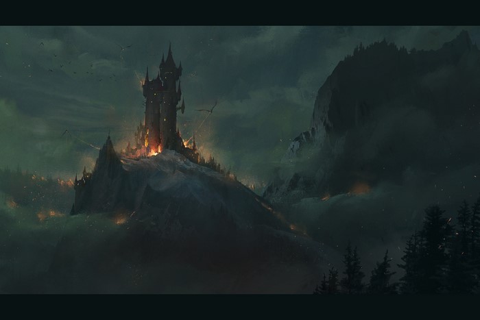 Dark fantasy castle on a mountain with dragons