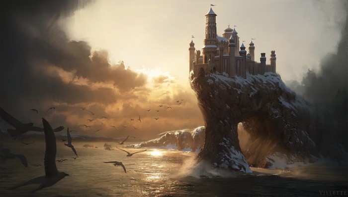 Fantasy castle on a cliff with birds at sunset