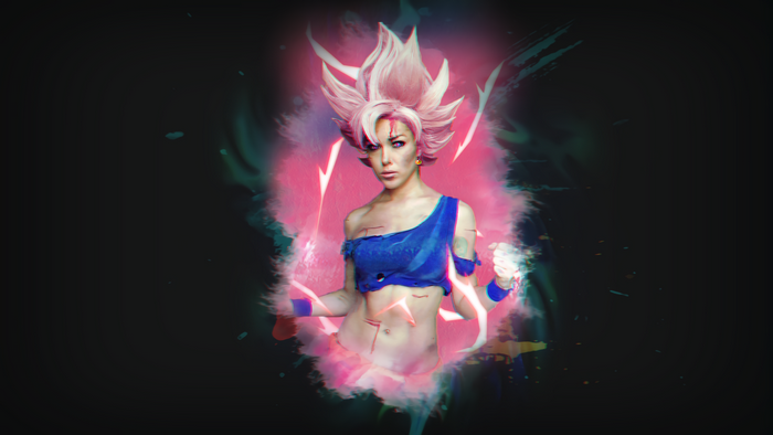 Woman dressed as Super Saiyan God Goku from Dragon Ball Z