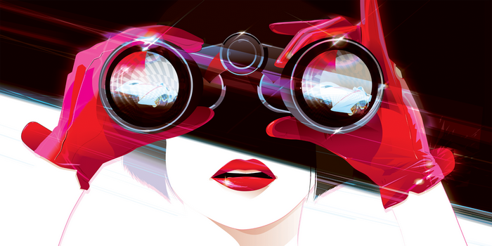 Trixie from Speed Racer looking through binoculars