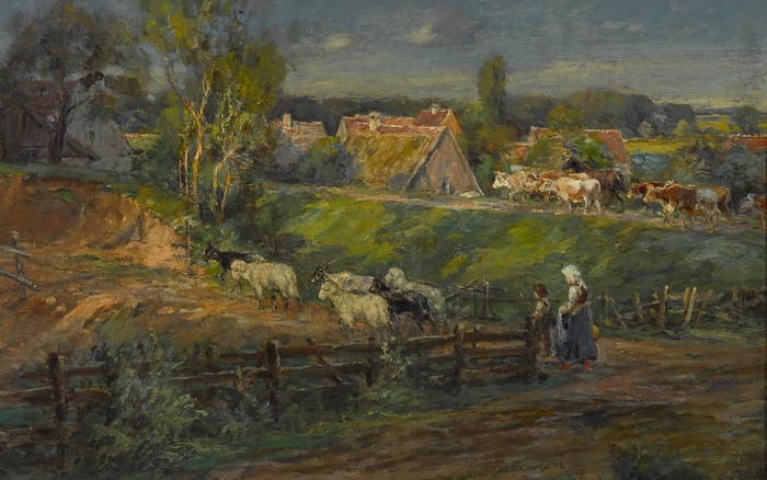 Karl Stuhlmüller painting of a rural village with livestock and people
