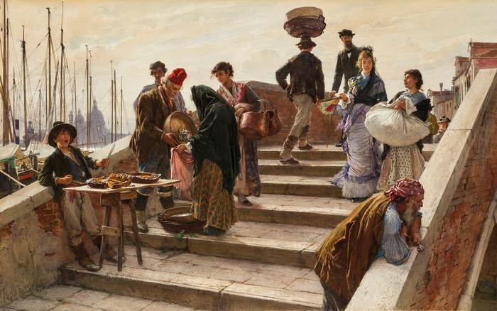 Venetian Bridge Scene with Vendors and Pedestrians by Ludwig Passini