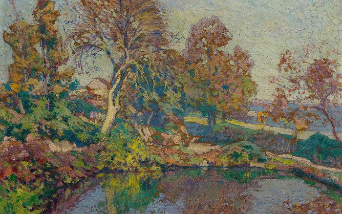 Landscape painting with trees and water by Paul Medlin