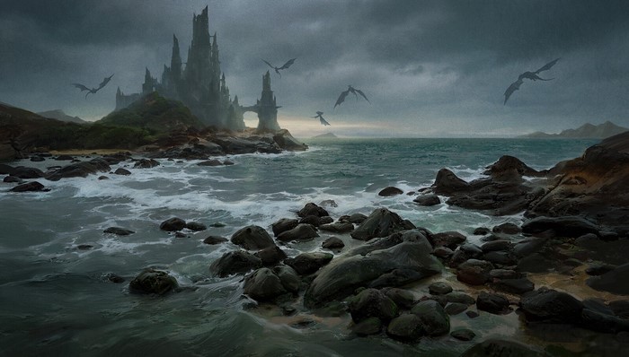 Dragons flying around a dark fantasy castle by the sea