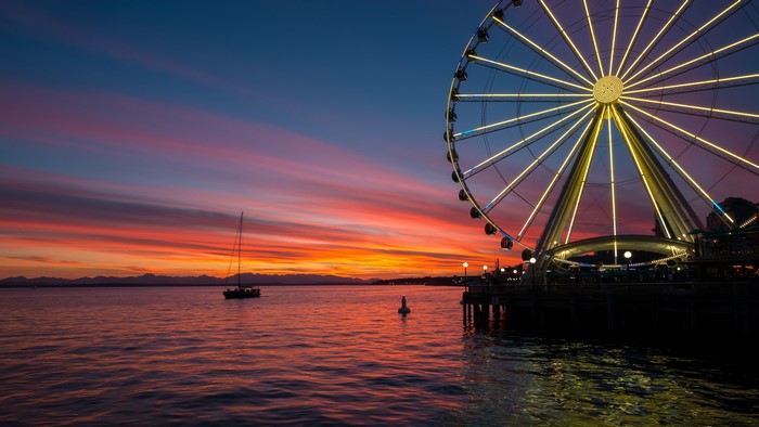 Seattle Great Wheel at Sunset with Sailboat