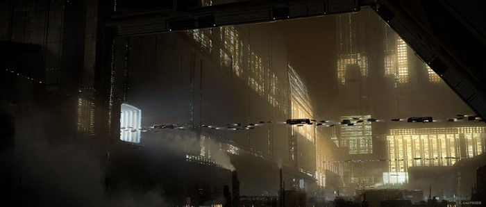Futuristic city with flying vehicles