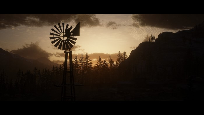 Windmill in Red Dead Redemption 2 at sunset