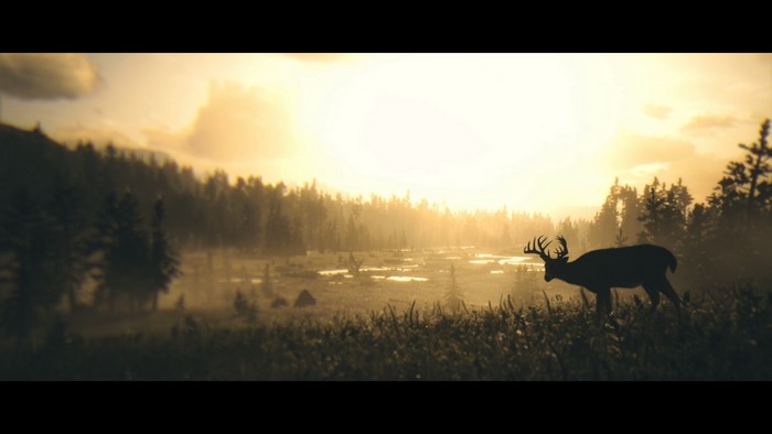 Deer in a misty forest at sunset in Red Dead Redemption 2
