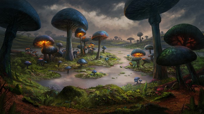 Giant glowing mushrooms in a rainy swamp landscape
