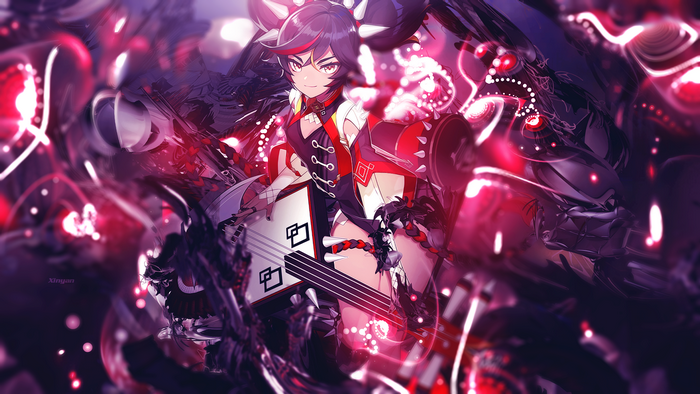 Xinyan with a shamisen and dark mechanical elements