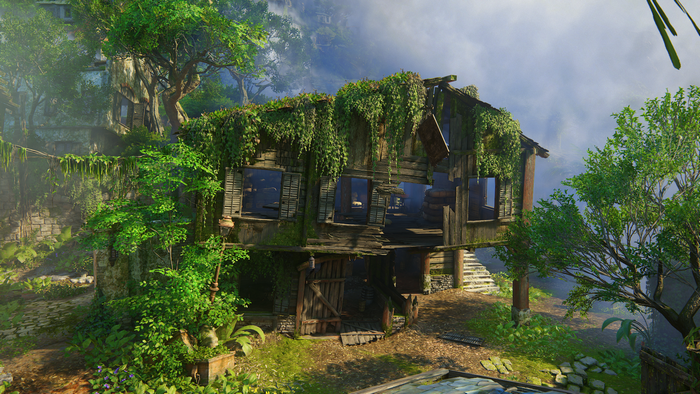 Abandoned house overgrown with plants in Uncharted 4