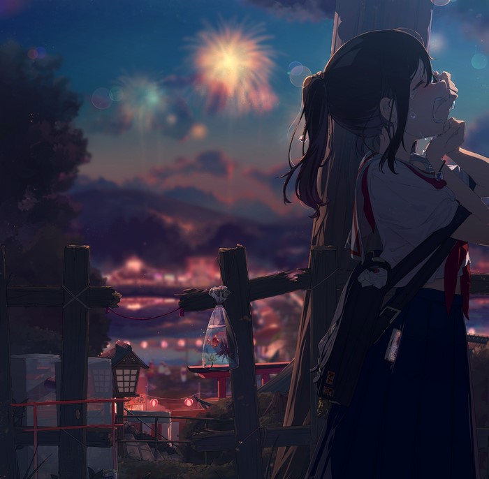 Anime girl crying at fireworks display