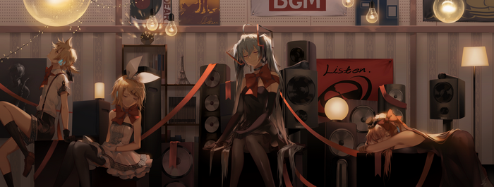 Vocaloid characters in a room with speakers and lights