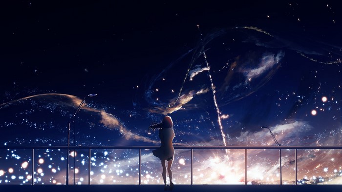 Anime girl watching fireworks in the night sky
