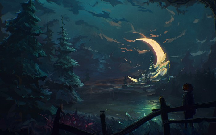 A person watches a crescent moon over a forest lake