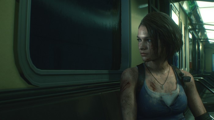 Jill Valentine from Resident Evil 3 Remake on a train