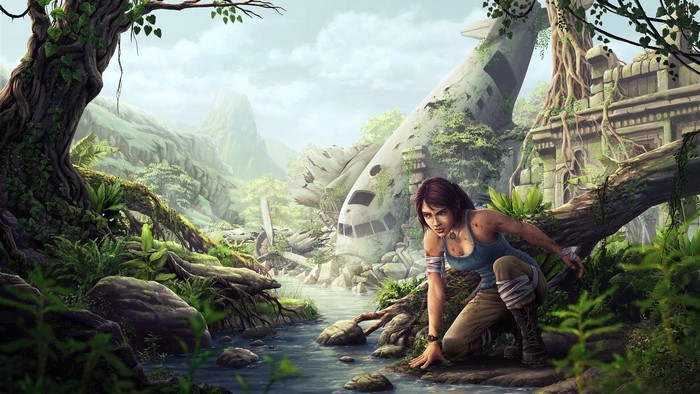 Lara Croft from Tomb Raider near a plane wreck