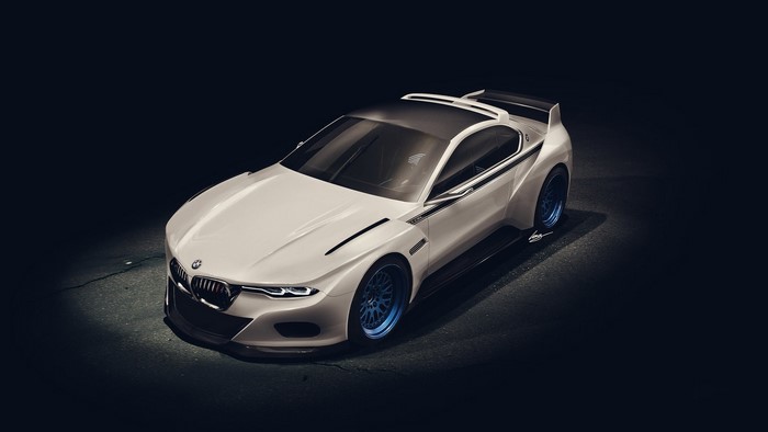 White BMW 3.0 CSL Hommage with blue wheels