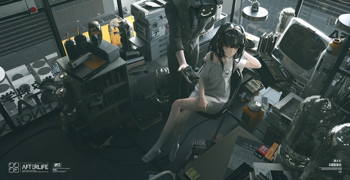 Anime girl with black hair in a futuristic room