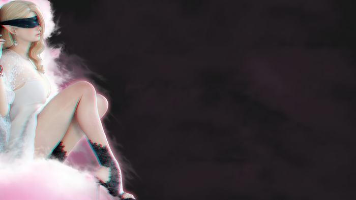 Fantasy girl with blindfold and pink clouds