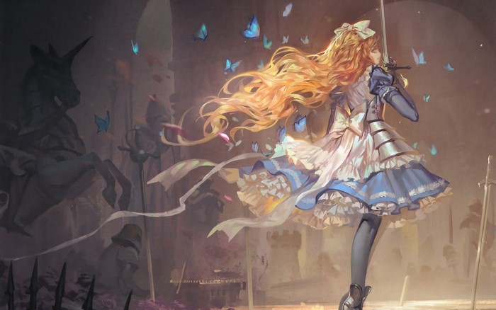 Alice from Alice in Wonderland with sword and butterflies